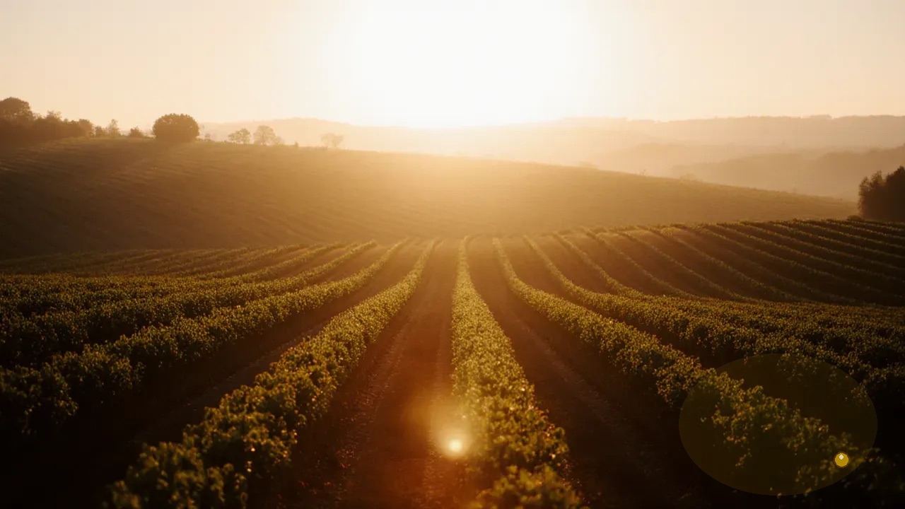 Rows of crops in rolling fields at sunrise